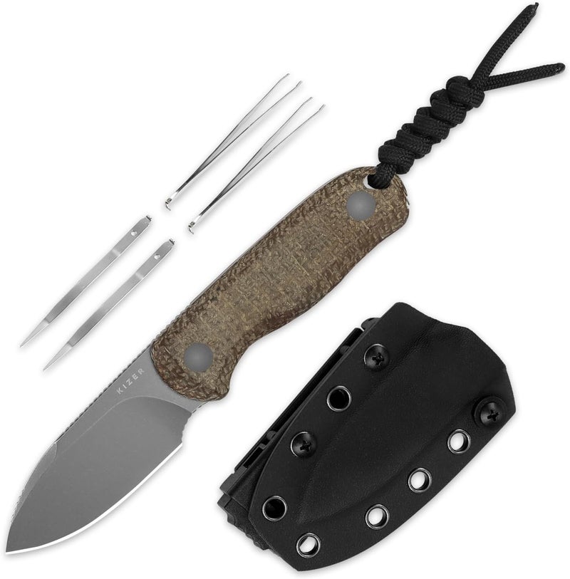 KIZER Drop Bear Fixed Blade Knife, 2.57" Gray Stonewash 14C28N Blade EDC Camping Knife with Brown Burlap Micarta Handle & Hidden Tools, Full Tang Hunting Knives with Adjustable Kydex Sheath, 1094A1 - Image 1